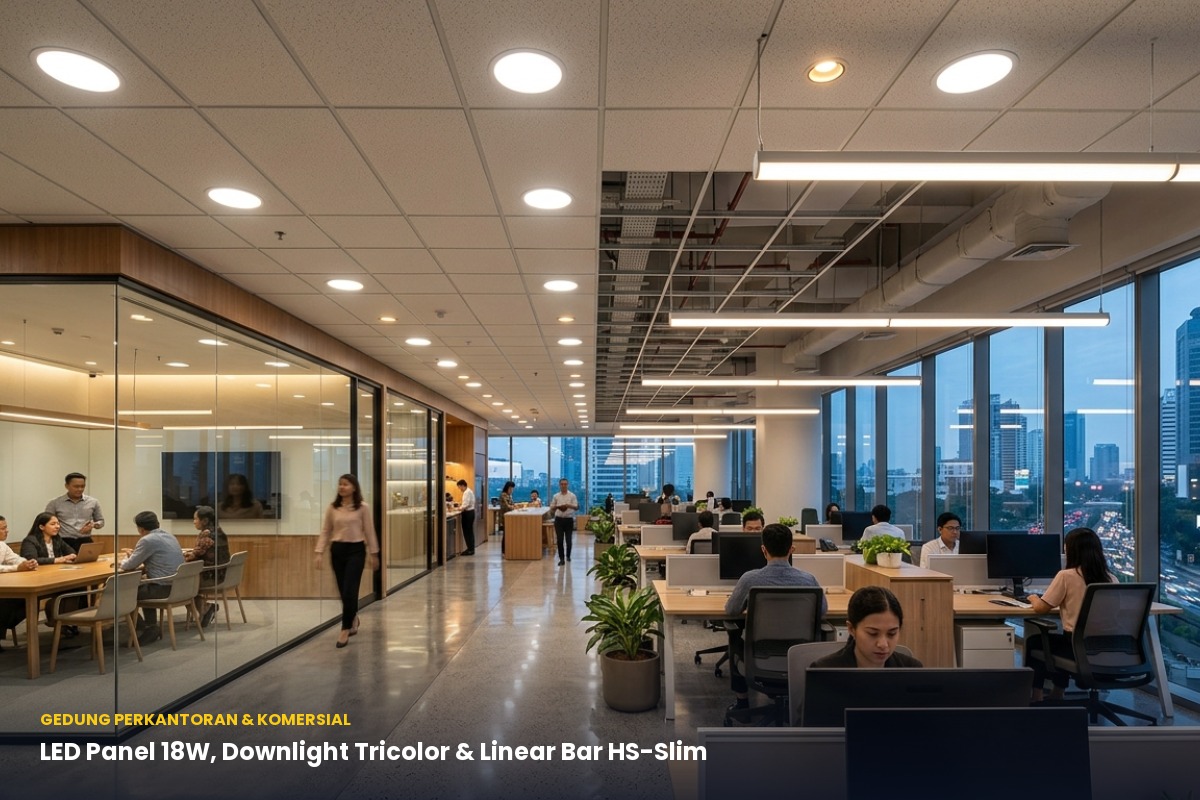 Interior Gedung Perkantoran Modern dengan LED Panel 18W, Downlight Tricolor & Linear Bar