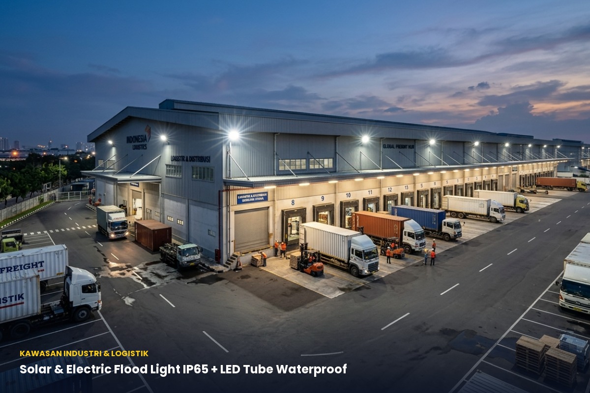Pencahayaan Kawasan Industri, Gudang Logistik & Pelabuhan (Solar Flood Light & IP65 Tube)