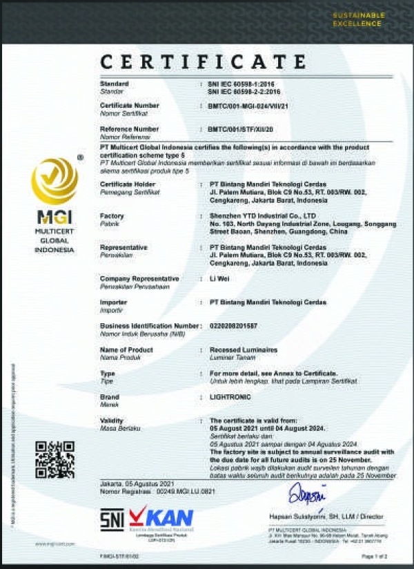 SNI IEC 60598-1:2016 & SNI IEC 60598-2-2:2016 — Luminer Tanam (Recessed / Downlight) (No: BMTC/001-MGI-024/VII/21)